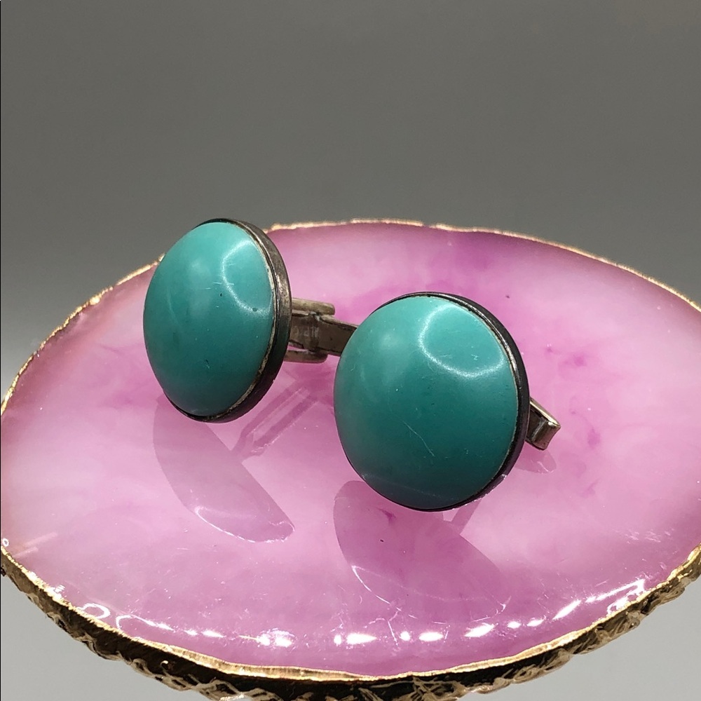 Vintage Mexico Taxco Sterling Silver 925 Round Stone Dome Cuff Links Cowboy